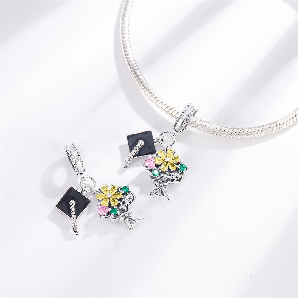 S925 Silver Graduation Beaded Bracelet Necklace DIY Kit With Cap Tassel Bouquet Charm Pendant For Commencement Gift