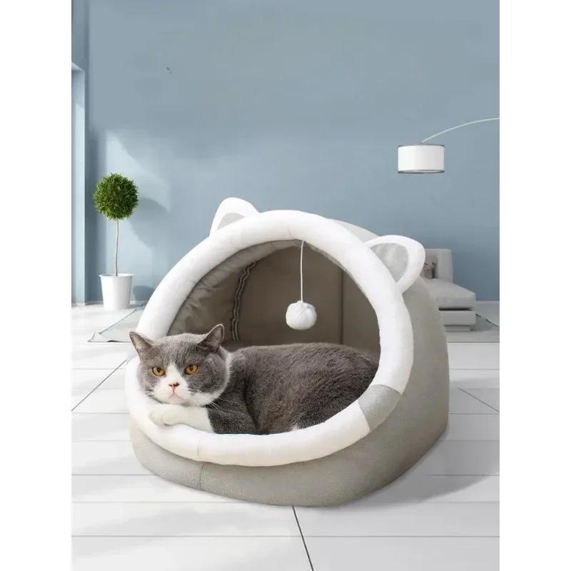 Winterwarmes Netz, rotes Katzenfutter, Katzenohrennest, rundes, halbgeschlossenes Katzennest, Hundenest, abnehmbares und waschbares Katzennest