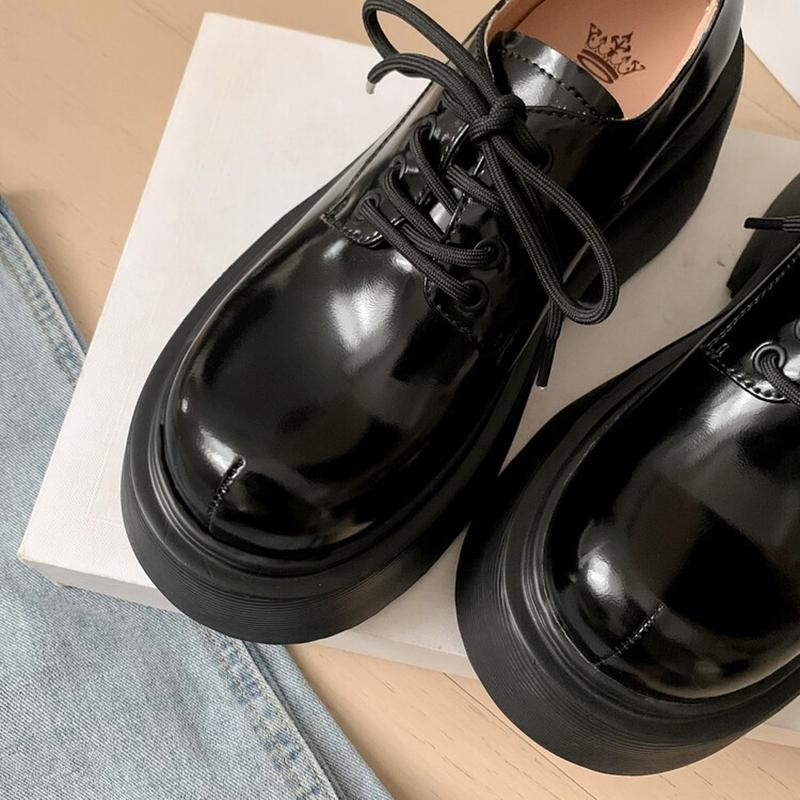 Fashion Women's new genuine leather cowhide thick soled waterproof platform high heels lace up college style single shoes casual shoes