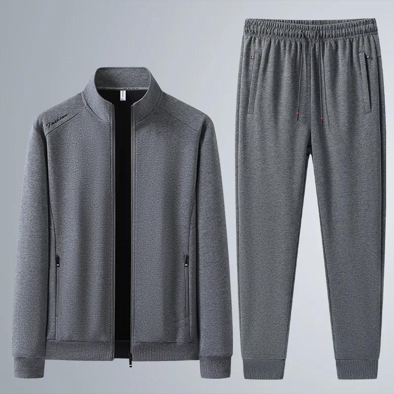 Tuta Sportiva da Uomo in Cotone Primavera Autunno Collo Alto Felpa Mezza Età Anziani Casual Elegante Cardigan Vestibilità Larga 2 Pezzi
