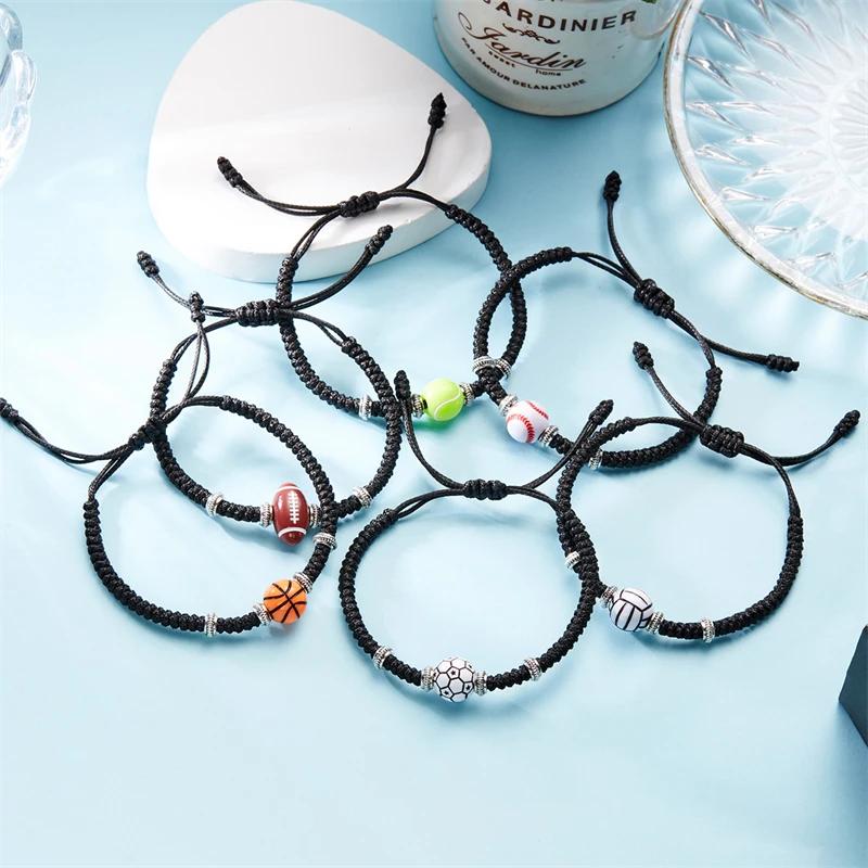 Football Baseball Basketball Charm Bracelet For Men Women Simple Adjutable Black Rope Braided Bracelet Boys Sports Jewelry