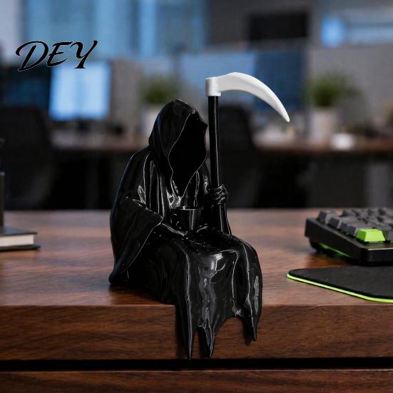 Gotische Schreibtischornamente 3D-gedruckte Sensenmann-Statue mit Kaffee & Sense, Dunkle Stil-Raumakzente Dekor, Einzigartige Kunstfigur für Zuhause Büro Bücherregal