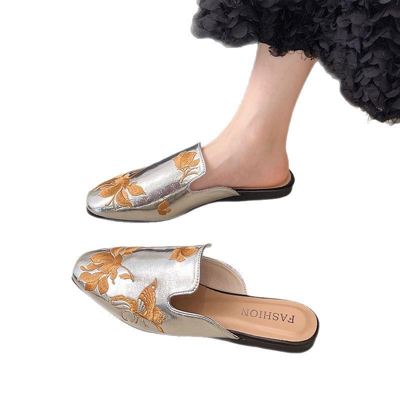 Вишиті туфлі-півтапочки з відкритим носком, жіночі літні туфлі на товстому підборі, модні ліниві мюлі, шльопанці на середньому підборі