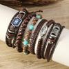 Retro European & American Hexagonal Multilayer Leather Bracelet Set - 6 Pieces