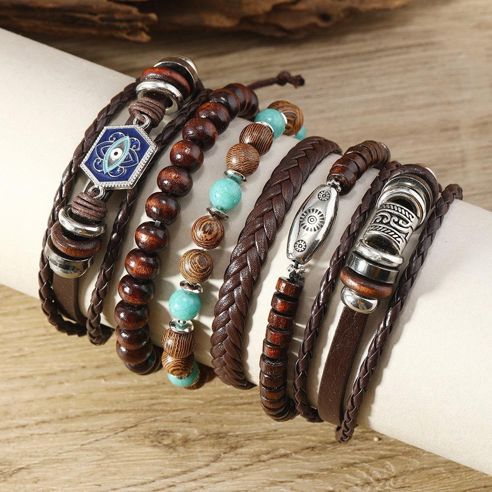 Retro European & American Hexagonal Multilayer Leather Bracelet Set - 6 Pieces