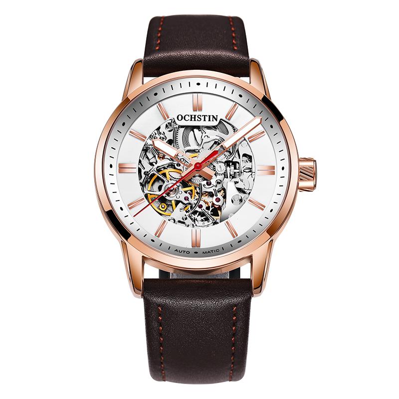 OCHSTIN Mechanical Watch Men Skeleton Steampunk Automatic Self Wind Classic Leather Strap Luminous Male Wristwatch Reloj Hombre