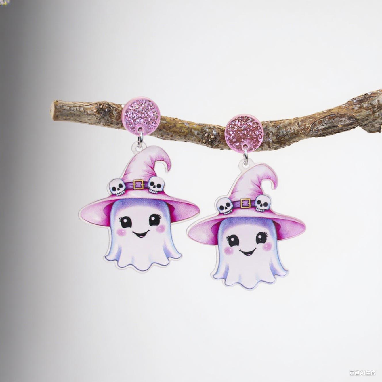 Halloween personality funny ghost earrings female ins niche cute flat acrylic pink ghost earrings