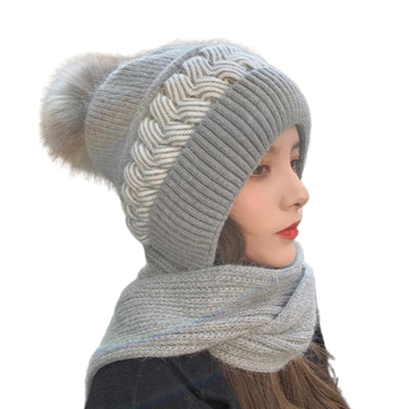 Korean Style Hat Scarf Set Women Winter Warm Cycling Ear for Protection Windproof Knitted Wool Pullover Cap Scarf for Wo