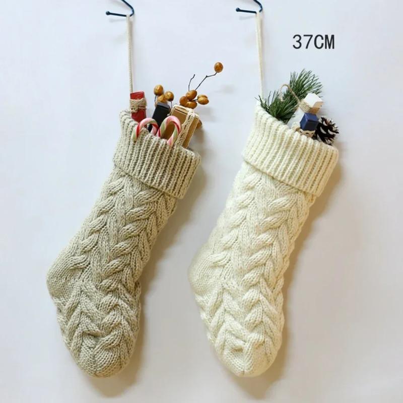 1pc Christmas Knitted Stockings Festival Gift Bag Fireplace Xmas Tree Hanging Ornaments Decor Red White Christmas Sock