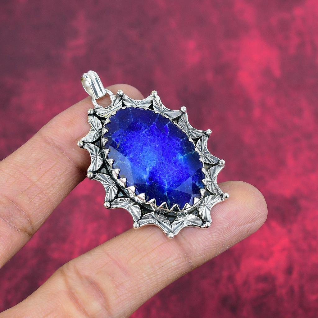 Blå safir anheng, håndlaget edelstens anheng, 925 solid sterling sølv anheng Antikke smykker, for forlovelsesgave