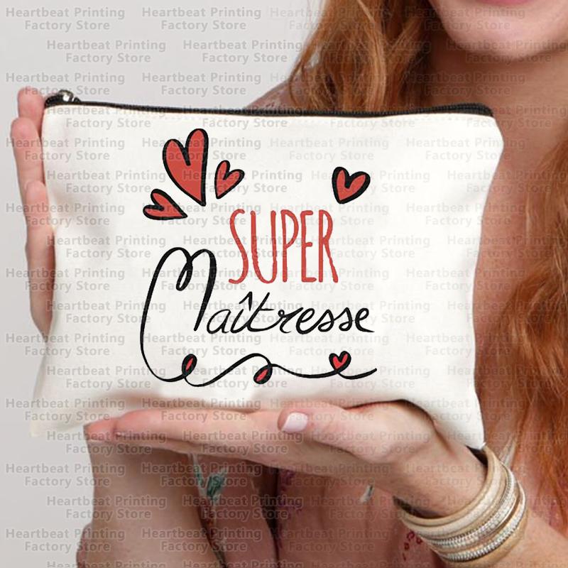 French Thank You Maîtresse Print Travel Cosmetics Bag Lipstick Bag Pencil Case Pouch Bags for Women Back To School Gift