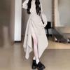 French Irregular Long Skirt Autumn Waist-Cinching Design Sense V-Neck Temperament Solid Color Split Dress Women's