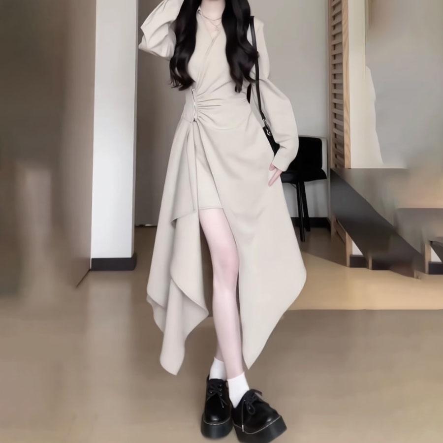 French Irregular Long Skirt Autumn Waist-Cinching Design Sense V-Neck Temperament Solid Color Split Dress Women's