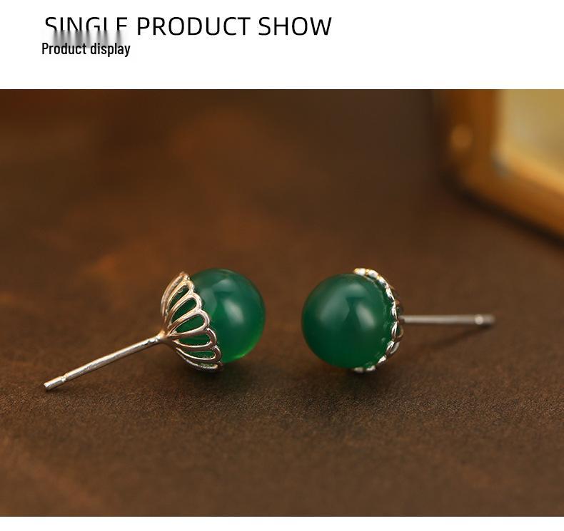 Banyan Tree S925 Silver Chinese Agate Earrings – Retro, Elegant, and Simple Design for Women