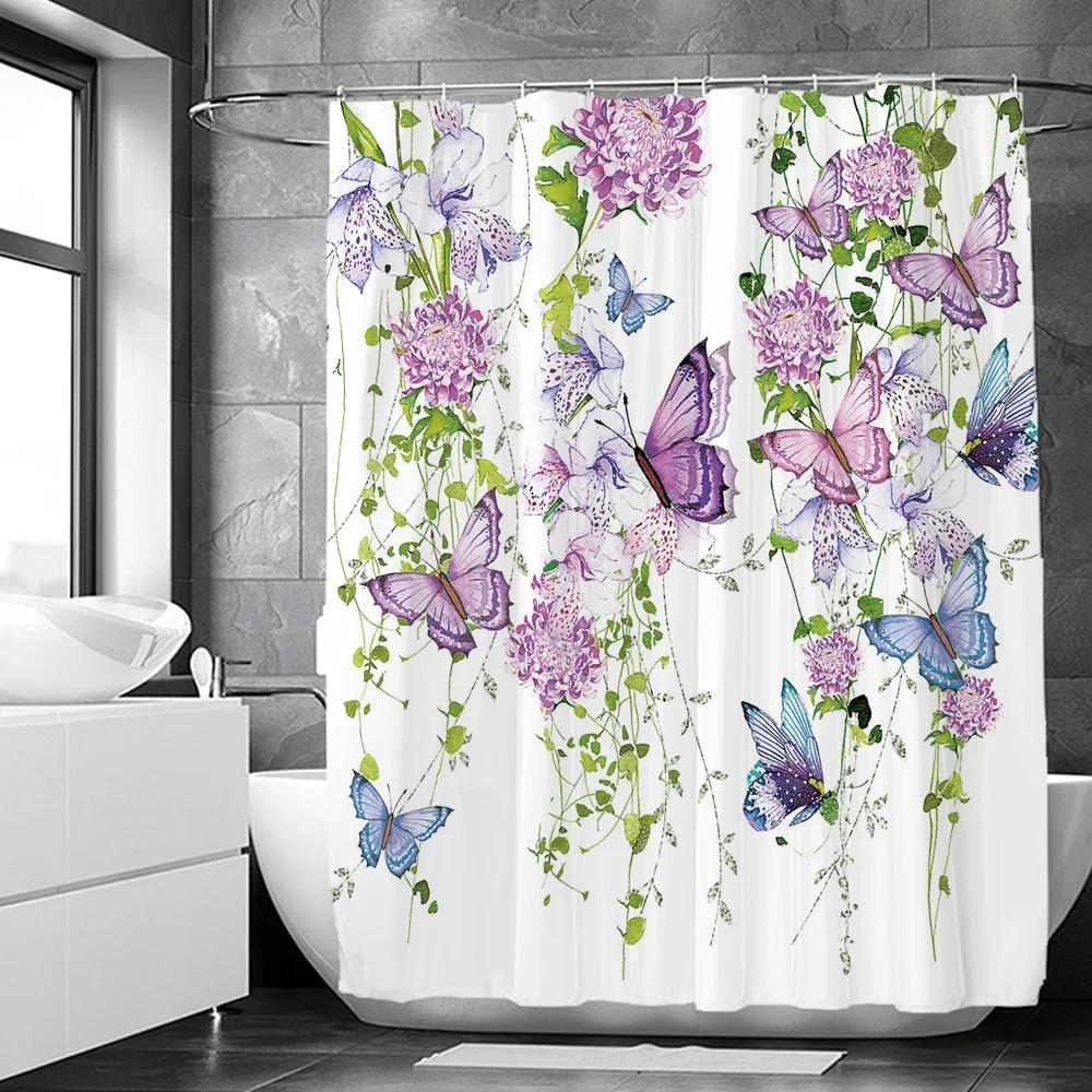 Watercolor Purple Butterfly Floral Shower Curtain 180Cm*180Cm With Hooks, Waterproof Shower Curtain, Bath Curtains For Bathroom