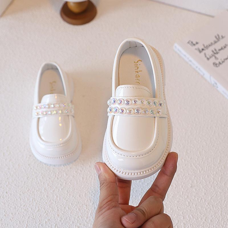 Girls PU Leather Shoes for Party Wedding Beaded Kids Princess Loafers Shoes with Pearl Slip-on Children Performance Shoes I07214