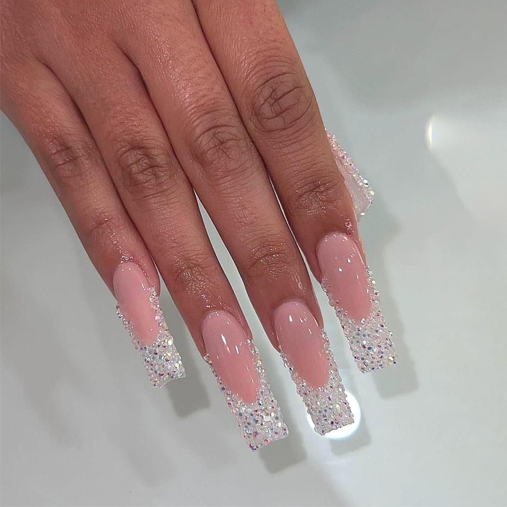 24 Stuks Lange Vierkante Press-On Nagels Frans Blauw Glitter Bloemen Design Plak Op Kunstnagels Voor Vrouwen Draagbare Manicure Tips