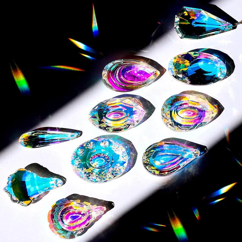Crystal Glass Prism Pendants AB Color Hanging Suncatcher Accessories Rainbow Maker Ornament Crystal Chandelier Parts 10 Shapes