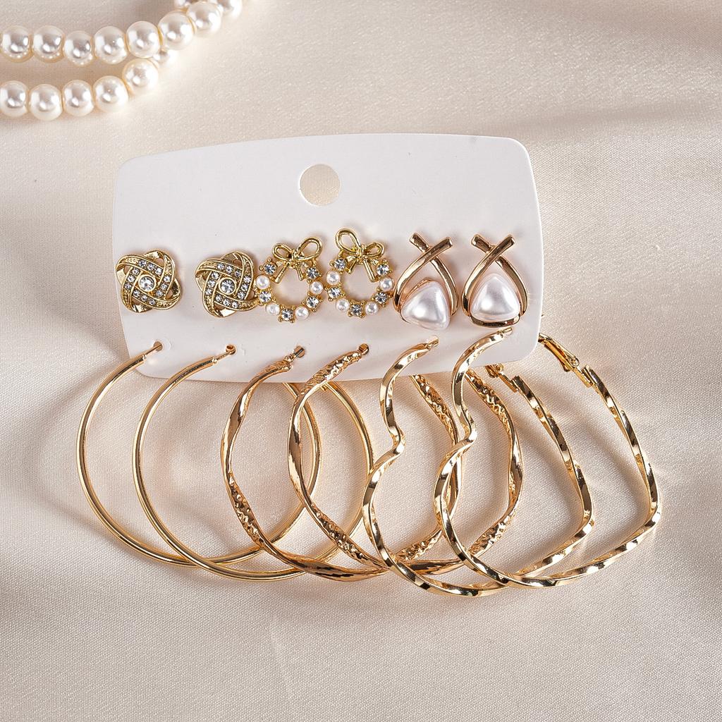 Twelve-piece Set of Diamond-set Imitation Pearl Geometric Round Love Cross Silver Needle Earrings Light Luxury Earrings