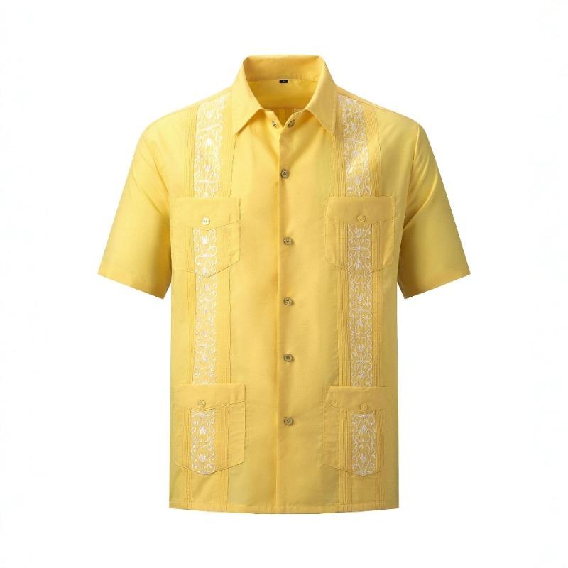 Camicia da uomo a maniche corte con bottoni, a righe Guayabella ricamate, quattro tasche, Dachen