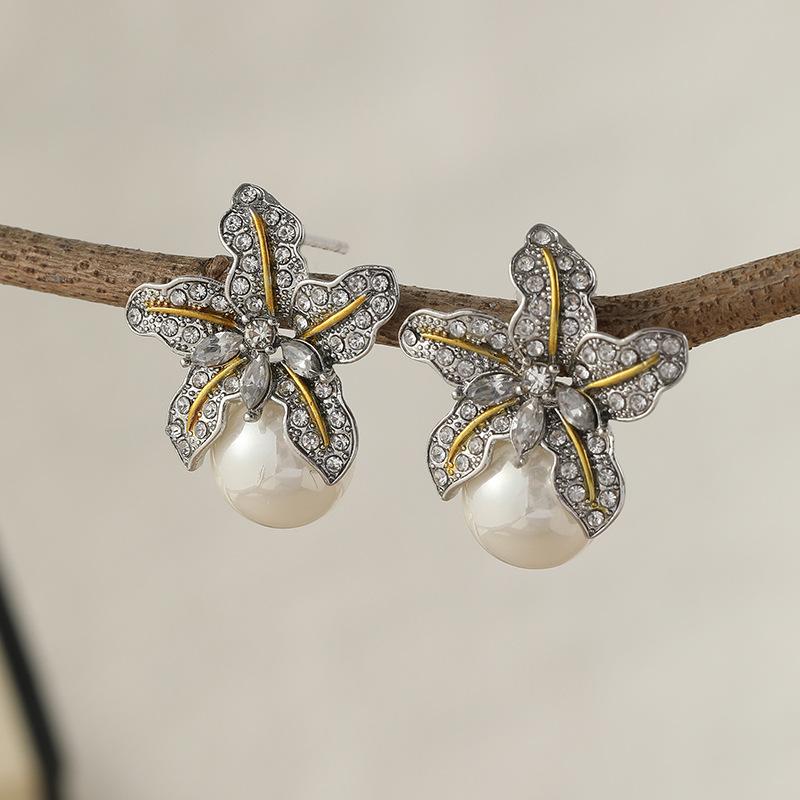 2PC Women's Fashion Flower Imitation Pearl Earrings Zircon Accessories Suitable for Date, Party, Festival Gifts