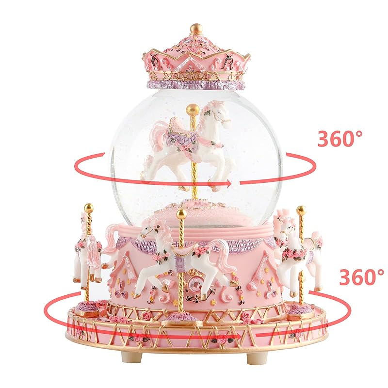 Snow globe with music box, color LED lights, merry-go-round, and crystal balls for automatic snowfall. A popular birthday or Christmas gift for girls,