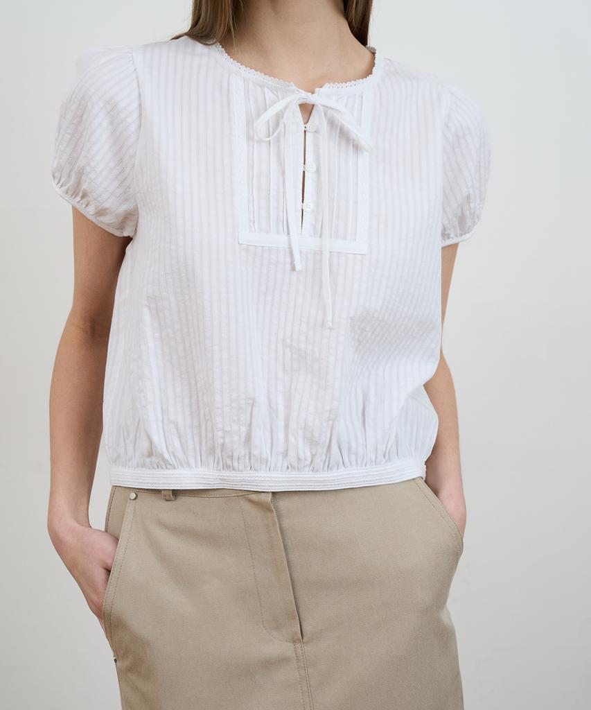 DEHEVE Puff Sleeve Ribbon Blouse [Ivory]