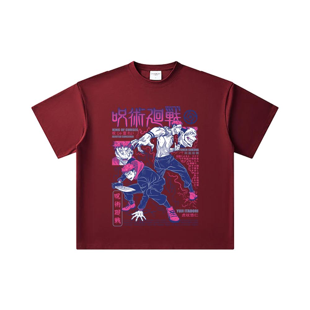 

260 GSM Double Yarn 32 Count 100% Cotton Jujutsu Kaisen V34 Yuji Sukuna Print Unisex Heavy Cotton T Shirt 2XL вина червоного кольору