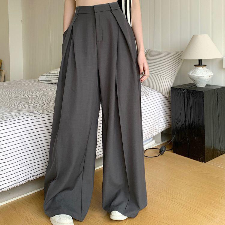 Gray High-Waisted Wide-Leg Women's Pants - Spring/Autumn Drapey Versatile Suit Pants, Loose and Slimming Casual Fit