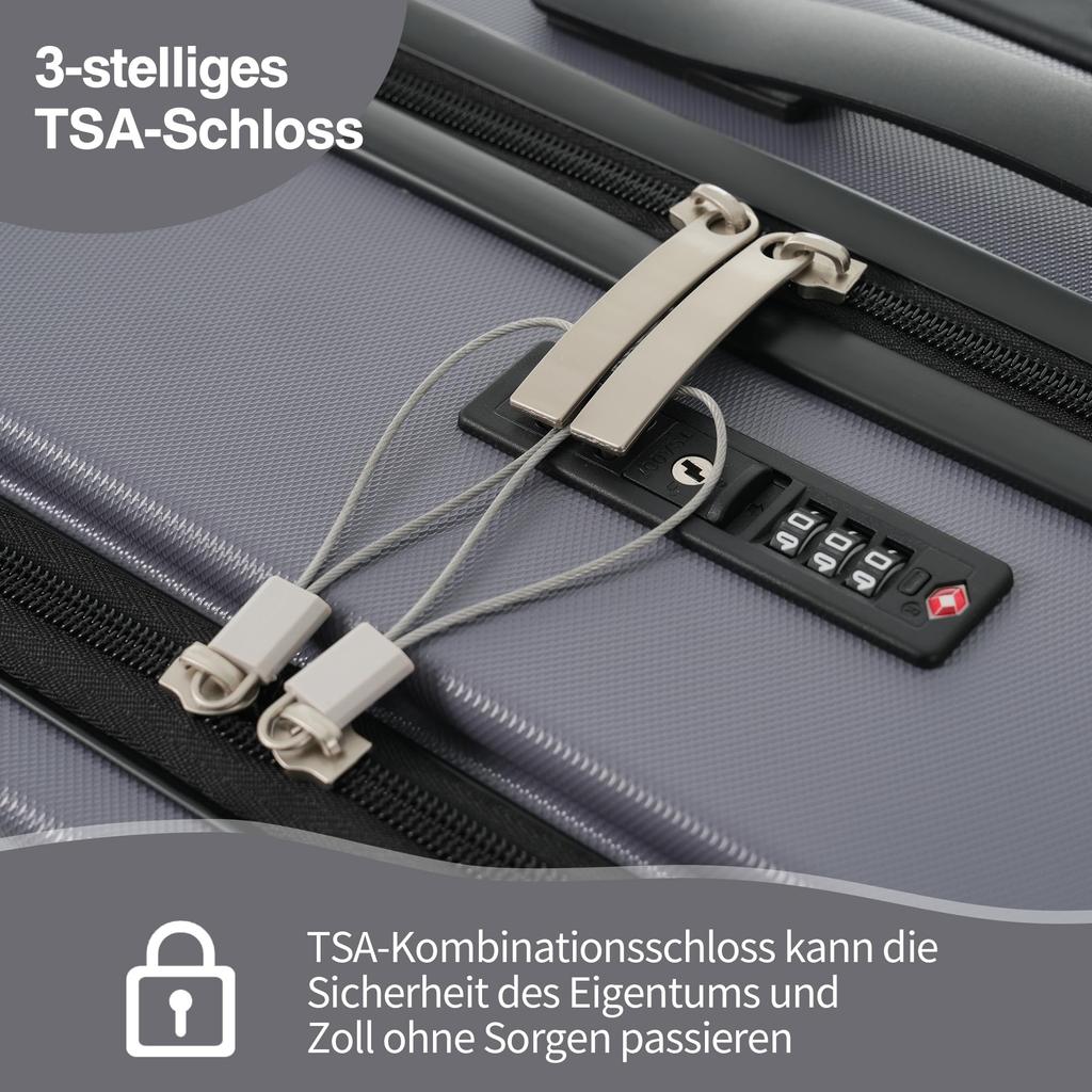 Zestaw walizek 3-częściowy Twarda skorupa, rozszerzalny, Wózek Otwieranie z przodu, Zamek TSA, 4x Kółka 360°, Uchwyt teleskopowy, Składany uchwyt na kubek, Antyczny szary