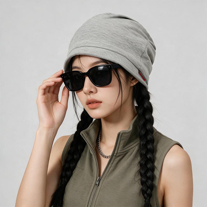 Unisex Korean-Style Double Layer Slouchy Beanie - Autumn/Winter Solid Color with Cloth Label