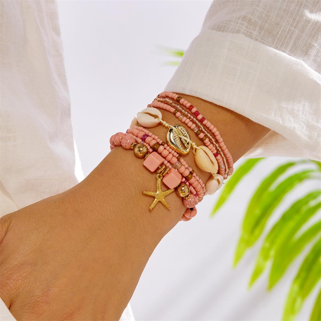 Bohemian Multilayer Starfish Pendant Bracelets Set for Women Handmade Rice Bead Chain Stacking Bracelets Summer Beach Jewelry