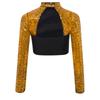 Girls Competition Dance Top: Long Sleeve Mock Neck Sequin Rhinestone Cutout Back Press Button Crop Top for Stage Shows