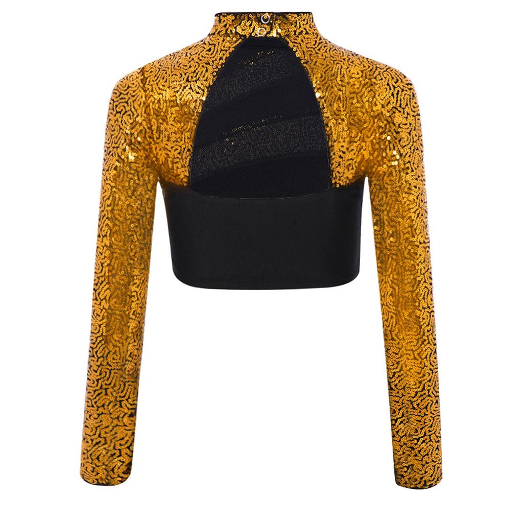 Girls Competition Dance Top: Long Sleeve Mock Neck Sequin Rhinestone Cutout Back Press Button Crop Top for Stage Shows