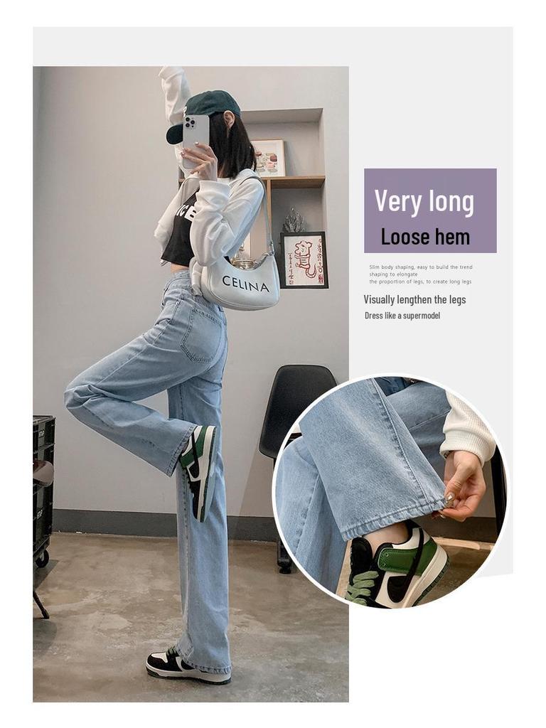 Korean Style High-Waisted Wide-Leg Jeans for Women - Spring/Autumn, Pear-Shaped, Slimming Double-Button, Drape Straight Floor-Length Pants