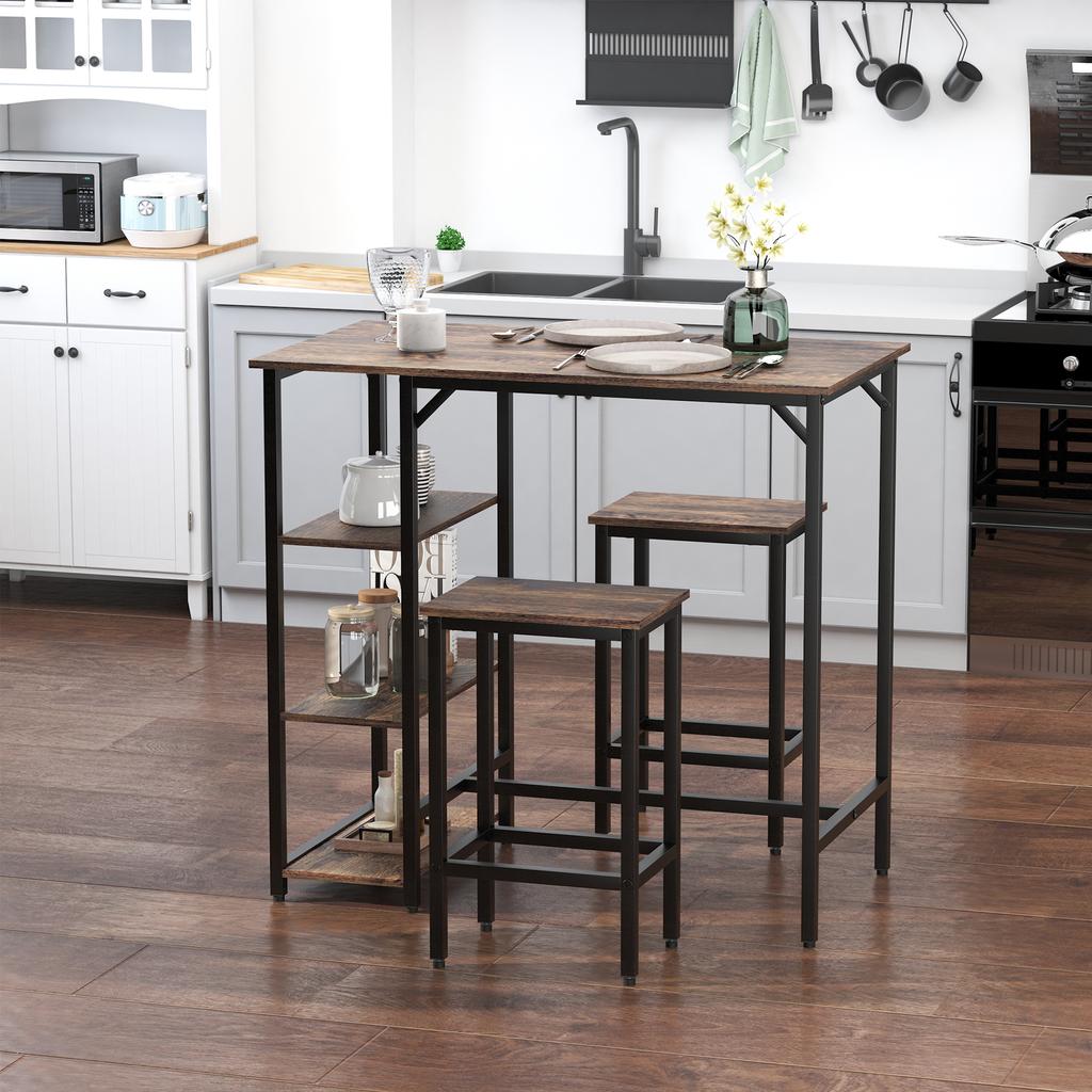 Bar Table and 2 Stools Set, Footrest, 3-Tier Shelves, Cushions, 109 x 60 x 100 cm, Rustic Brown