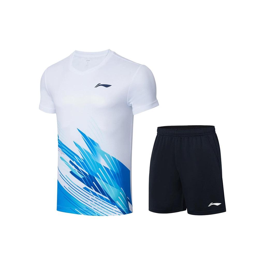Li Ning Badminton Series Quick-Dry Cool V-Neck Short Sleeve T-Shirt Mid-Waist Straight Leg Shorts Basketball Set Unisex Sportswear White AATT021-4