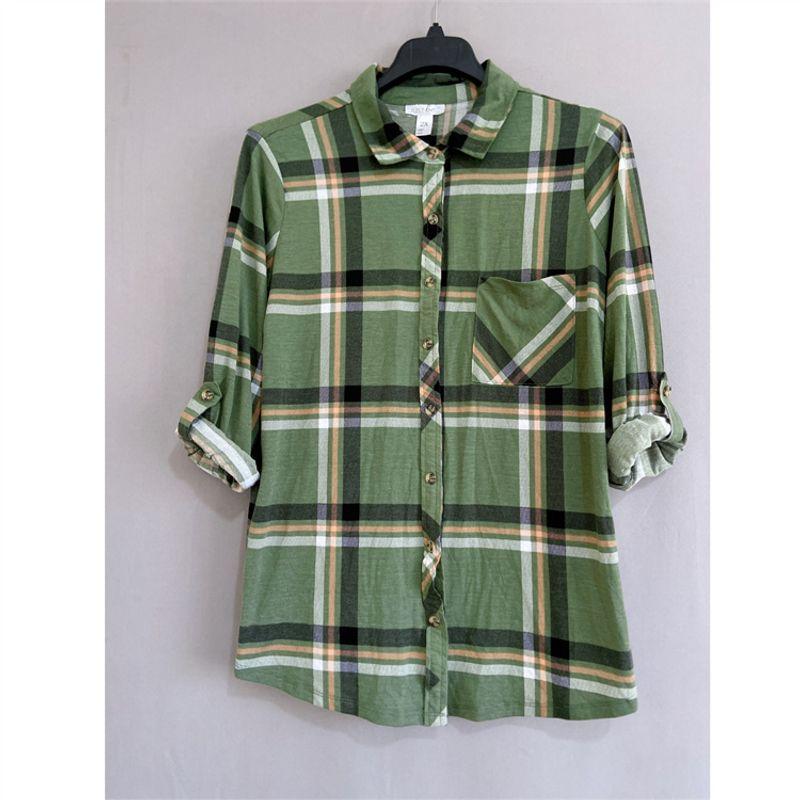 

Export USA New Arrival plus Size Women s Clothing Fall Clothing Long Sleeves Gingham Shirt Rolled Sleeves Shirt Plaid Blouse Green grid 3X
