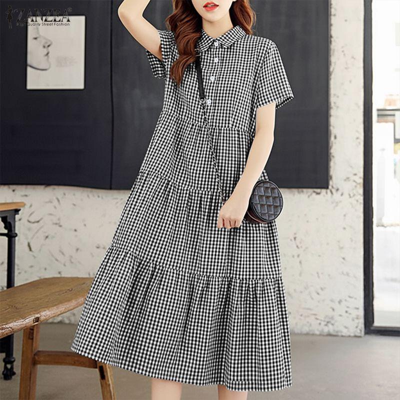 ZANZEA Женское повседневное клетчатое платье с отложным воротником и короткими рукавами S чёрный