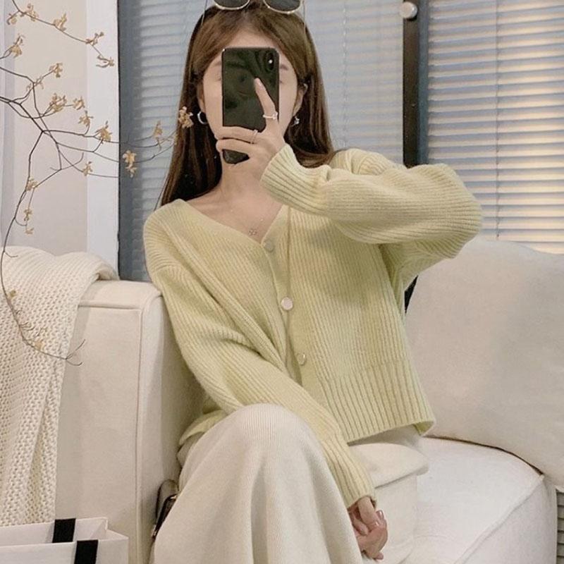 Sweater V-neck Knitted Cardigan Women Short Autumn and Winter Gentle Style Solid Long Sleeve Loose Cardigan Female Top