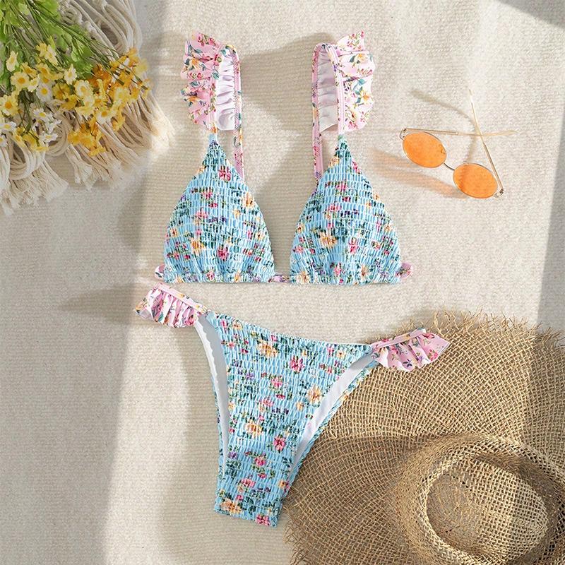 

Ruffle Bikini Summer Two Piece Suit Sexy Swimwear Bandage Biquini Triangle Swimsuit Printed Bathsuit Women Beachwear XL синий