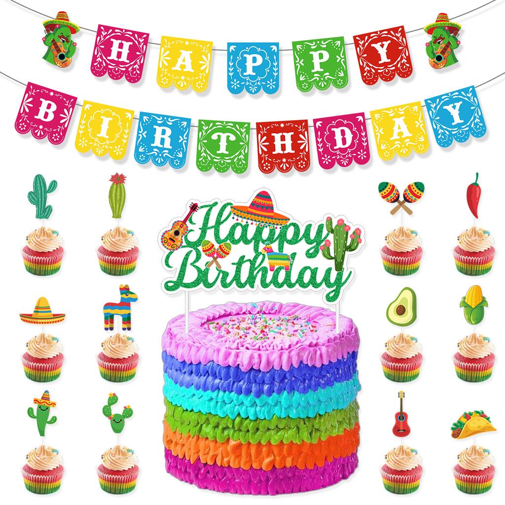 Mexican Carnival Theme Party Decoration Birthday Flag Cake Plug Balloon Customization