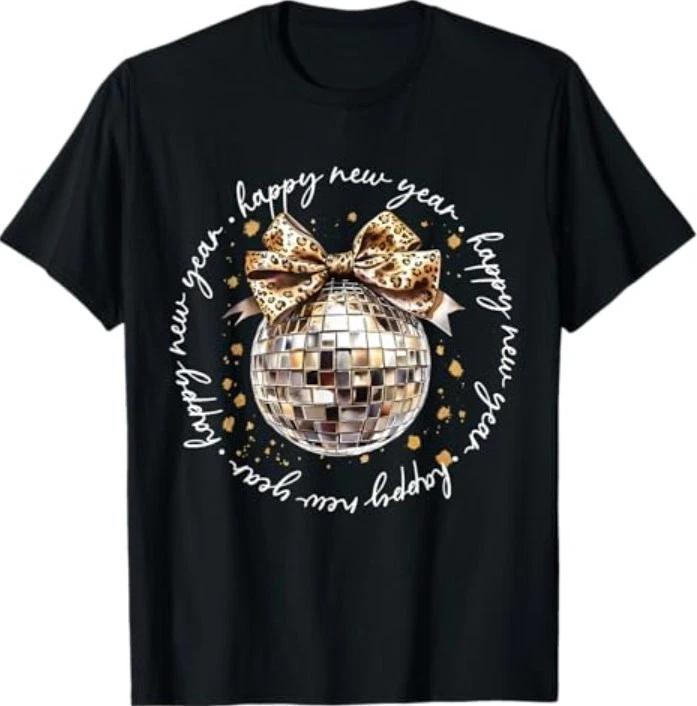 Happy New Year 2026 Disco Ball Leopard Pattern Bow Groovy T-Shirt S