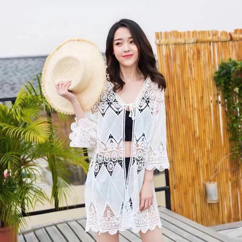 

Летнее женское пляжное мини-белое платье, элегантное однотонное пляжное платье с коротким рукавом и круглым вырезом, кружевное крючком с цветочным принтом, Vestidos One Size