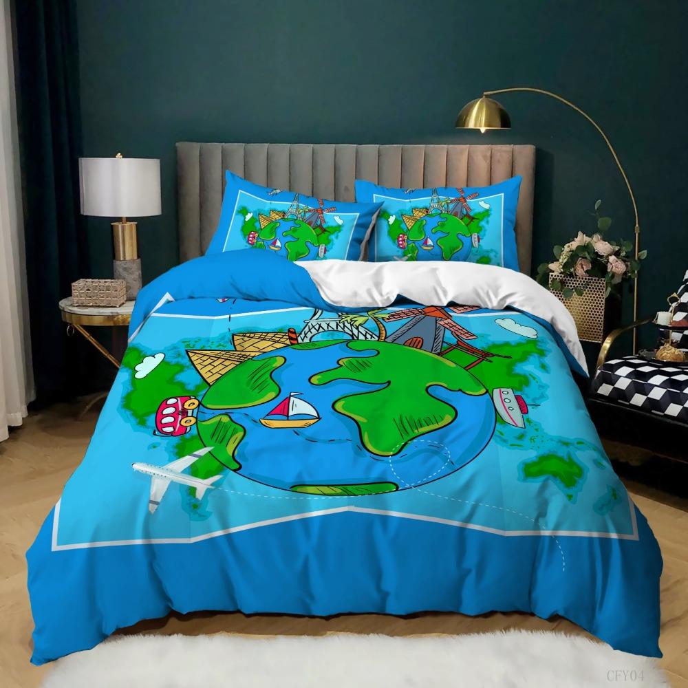 World Map Bedding Set Earth Pattern Bedding Cover Pillowcase Children and Teenagers Bedding Single/Double Size Gift