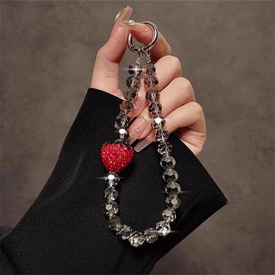 Luxus Strass Erdbeere Handkette Handgelenk Kurzes Lanyard Mit Clip Handyhülle Retro Niedlicher Schlüsselanhänger Anhänger Zubehör