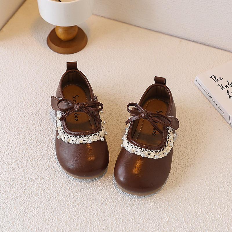 Girls Soft-Soled Leather Princess Shoes with Pearls and Lace - Spring/Summer 2026 23 коричневый