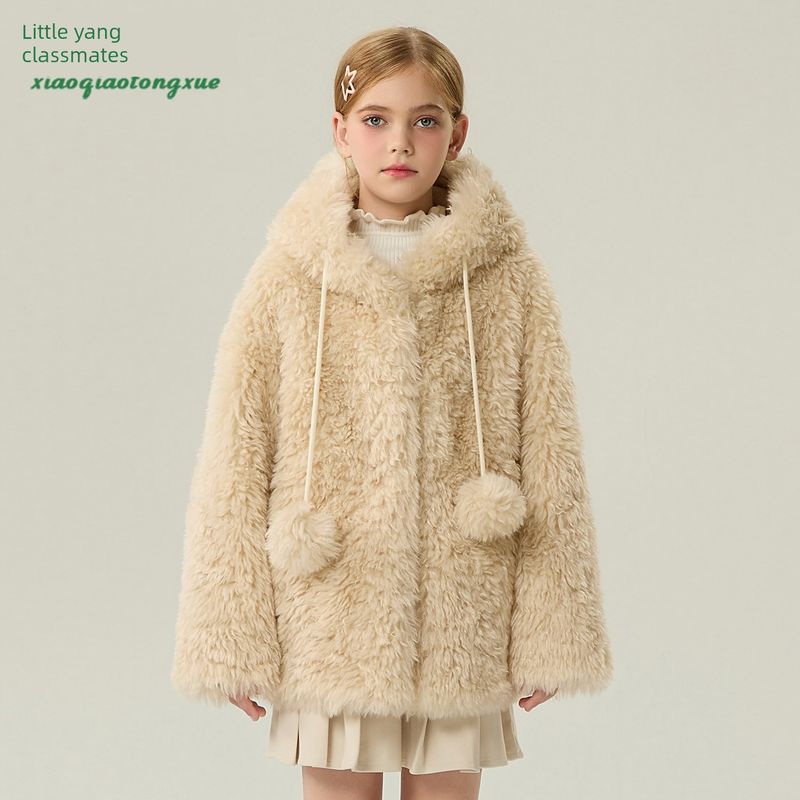 Children s Fur Coat 2025 Autumn and Winter New Style Girls  Korean Fleece Cardigan Little Girl s Furry Coat with Pom-Poms Apricot 120