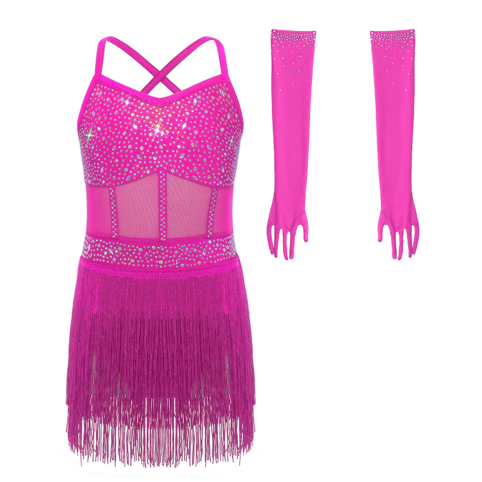 

Girls Cross Back Leotard Mesh Patchwork Tiered Tassel Sleeveless Latin Outfit Mesh Gloves 13-14 Years гарячі рожевого кольору