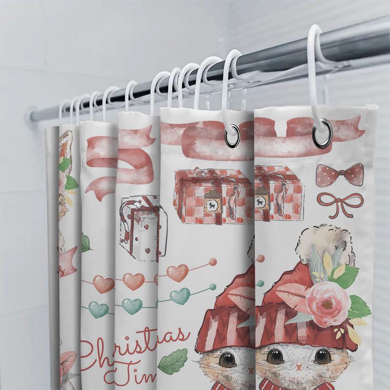 Watercolor Christmas Shower Curtain Set Rabbit Cat Winter Festive Decor For Bathroom Merry Xmas Home Decor Red White Heart Gift